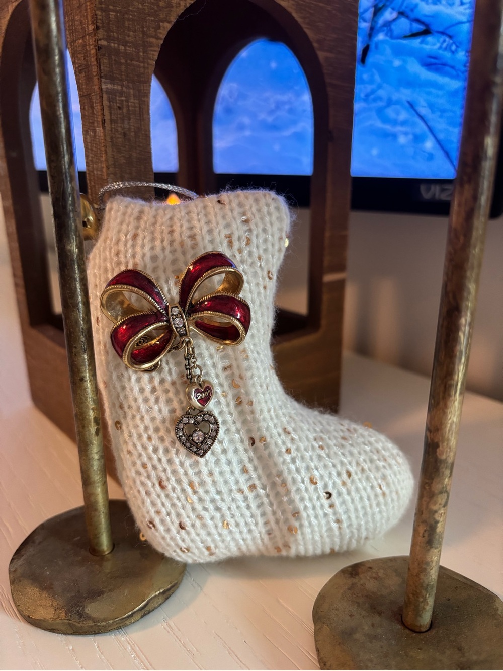 Elegant Cream Knit Stocking Ornament with Red Bow Charm Brooch